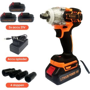 Kibani Accu Slagmoersleutel 18V - incl. 3 accu's 1500mAh en oplader - slagmoersleutelset - slagmoersleutel met accu - slagmoersleutel elektrisch - LED verlichting