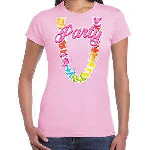 Toppers in concert - Bellatio Decorations Tropical party T-shirt dames - bloemenkrans - licht roze - carnaval/themafeest XS