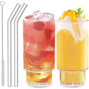 Geribbelde glazen 2 stuks met rietjes - 15 oz ijskoffiekopjes herbruikbare glazen beker voor diverse dranken