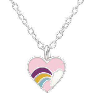 Joy|S - Zilveren hartje hanger 7 x 7 mm inclusief ketting 39 cm - regenboog met roze hartje - voor kinderen
