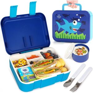 Lunchbox, Lunchbox voor Kinderen met 5 Vakken, 1.25L Broodtrommel voor Kinderen, Bento Box voor Meisjes met Sauspot & Lepel & Vork, Lunchbox voor School en Picknick - Blauw