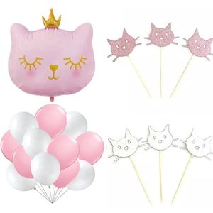31-delig Fancy Cat party pakket roze en wit - kat - poes - huisdier - ballon - cupcake - prikkers - verjaardag