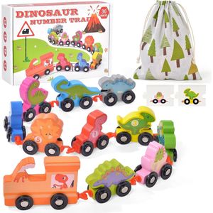 Dinosaurus houten treinset, dinosaurus-treinspeelgoed met kaartpuzzels, kleurrijk cijfertrekkoord, houten speelgoed, cadeaus met cijfers 0-10, motoriekspeelgoed,