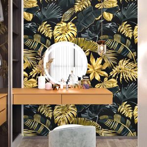 Jungle behang, goud met zwart, plakfolie, voor meubels, behang voor woonkamer, meubelfolie zelfklevend, wandbehang, voor slaapkamer, waterdicht, patroonbehang, voor deur, folie voor meubels, kast,