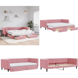 vidaXL Slaapbank met onderschuifbed en lades 90x200 cm fluweel roze - Slaapbank Met Onderschuifbed - Slaapbanken Met Onderschuifbedden - Slaapbank - Bedbank