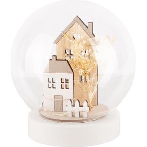 Dekoratief | Globe m/huisjes, hout/glas, LED, 12x12x13cm | A240522