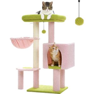 J&R Kattenboom - Krabpaal - Huisje - Mandje - Speelgoed - Roze- Groen - 90cm