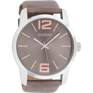 OOZOO Timepieces - Zilverkleurige horloge met taupe leren band - C7413