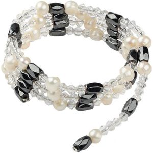 Zoetwater parel armband Pearl Clear Crystal Magnetite Wrap - echte parels - magnetiet - wit - zwart - wikkelarmband