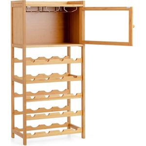 Wijnrek voor 20 flessen, flessenrek van bamboe, wijnkast met glazen hanger en magneetdeur