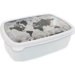 Broodtrommel Wit - Lunchbox - Brooddoos - Wereldkaart - Bloemen - Hout - 18x12x6 cm - Volwassenen
