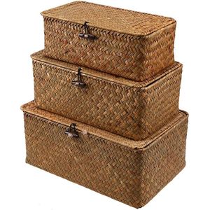 Rieten opbergmand van geweven rotan. Opbergdozen met deksels, zeegras wasmanden. Make-up organizer voor badkamer, woonkamer of keuken (S)
