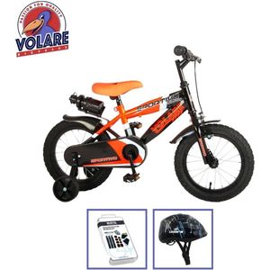 Volare Kinderfiets Sportivo - 14 inch - Oranje/Zwart - Met fietshelm & accessoires
