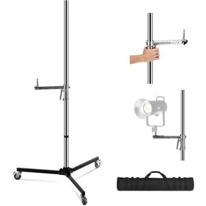 Robuust RVS Lichtstatief 224 cm – Zwaar Belastbaar Statief met Gun Grip, Verstelbare Schuifarm, Afneembare Wielen, Inklapbare Poten, 1/4"" & 5/8"" Spigot – Voor Fotografie, Flitsers & Ringlampen – Max. 10 kg
