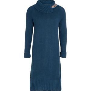 Knit Factory Jamie Gebreide Dames Jurk - Trui jurk dames - Wollen jurk - Herfst- & winterjurk - Wijde jurk - Met warme opstaande kraag - Petrol - Donkerblauw - 36/38 - Knielengte