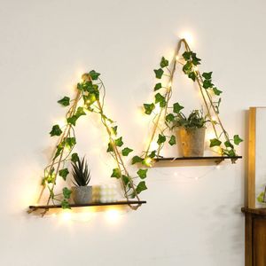 Je Huis Houten Plank met Bladopknoping - Decoratieve Muurplank voor Woonkamer en Slaapkamer - Esthetische Drijvende Plank met Led Verlichting