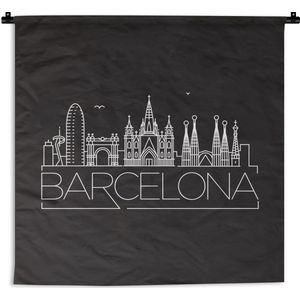 Wandkleed Wereldsteden - Skyline Barcelona wit op zwart Wandkleed katoen 150x150 cm - Wandtapijt met foto