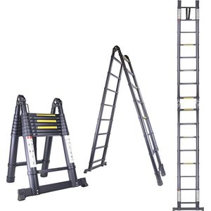 aluminium telescopische ladder, inklapbaar, uittrekbare ladder met stabilisator, hoogwaardige vouwladder en opvouwbare aluminium ladder, 3.8m
