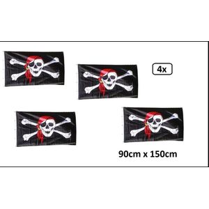4x Piratenvlag met rode bandana - 90cm x 150 cm - Piraat vlag piraten kleur thema feest festival