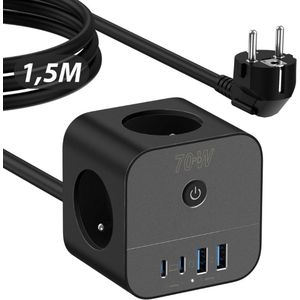 Snellader USB-C 70W – 7-in-1 Stekkerdoos Kubus Met Schakelaar, GaN III-Technologie, 1,5M Kabel – Compatibel Met Laptop & Telefoon