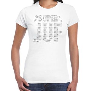 Glitter Super Juf t-shirt wit met steentjes/ rhinestones voor dames - Lerares cadeau shirts - Glitter kleding/foute party outfit XS