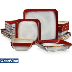 CasaVibe Luxe Bordenset - Serviesset - Kommen set - Borden - Dinerborden - set van 16 - 4 persoons - Rood - Wit