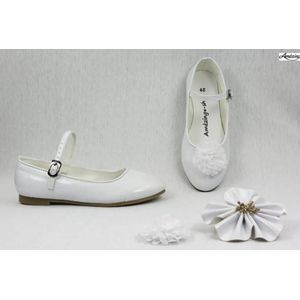 Ballerina's-bruidschoen meisje-bruidmeisjes schoen wit-prinsessenschoen-schoen wit glossy-platte schoen-verkleedschoen-gespschoen wit (mt 30)
