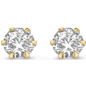 New Bling 9NBG-0200 Gouden Oorknopjes - Dames - Zirkonia - 6 mm - solitair - 6 Poot Chaton zetting - 14 Karaat - Goud