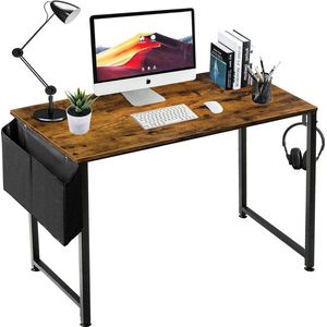 Small Computer Desk, Work Table for Small Spaces, Home Office, 39"" Rustic Writing Hollows, with Storage Bag, Brown