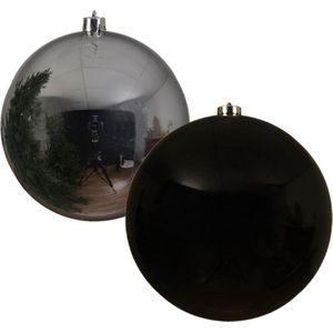 2x stuks grote kerstballen van 20 cm glans van kunststof zwart en zilver - Kerstversiering