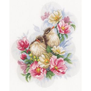 Borduurpakket Kleine vogeltjes op bloementak - Lanarte