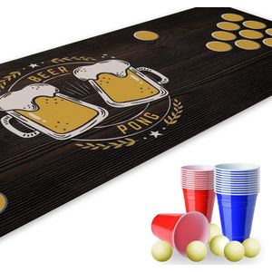 Beer Pong Set, speelveldmat met bierpul design, incl. 22 partybekers en 6 tafeltennisballen, drinkspel, feestspellen en verjaardagen, herbruikbaar en afwisbaar, 180 x 60 cm