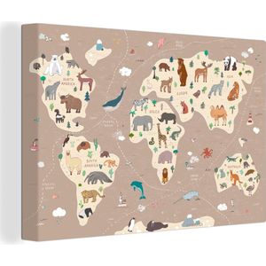 Schilderij voor kinderen - Muurdecoratie kinderkamer - Wereldkaart - Dieren - Bruin - Aarde - Muurdecoratie - Canvasdoek kinderen - 90x60 cm