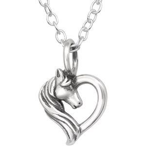 Joy|S - Zilveren hartje hanger - paard - inclusief ketting 39 cm (extra oogje op 36 cm) - geoxideerd - kinderketting