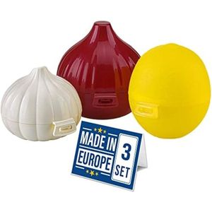 Selbro ® Uienopslag, knoflookbewaarder, citroenbesparing, set van 3, 100% BPA-vrij, groenteopslagcontainers voor koelkast Produce Saver Set Knoflook Opslag Ui Saver