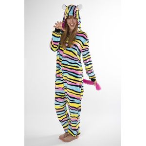 KIMU Onesie Regenboog Tijger Zebra Pakje - Maat 110-116 - Zebrapak Kostuum Gestreept Pak - Kinderen Dierenpak Huispak Kat Meisje Fleece Zacht Festival