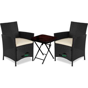 MaxxGarden Tuinset - Set van 2 Tuinstoel + bijzettafel - Wicker 3 delig - rattan met kussens - Zwart