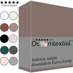 Droomtextiel Katoen - Satijnen Hoeslaken Taupe - Tweepersoons - 140x200 cm - Hoogwaardige Kwaliteit - Super Zacht - Hoge Hoek -