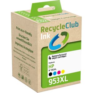 RecycleClub inktcartridge - Inktpatroon - Geschikt voor HP - Alternatief voor HP 953XL Zwart 53ml en Cyan Blauw 26ml Magenta Rood 26ml Yellow Geel 26ml - 4-pack