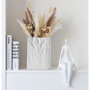 Beige crinkle papieren zak, keramische vaas, unieke vierkante brede mond, geperforeerde kleine vazen, minimalistische boho-vaas voor moderne trendy huis eetkamer tafel centerpiece decor