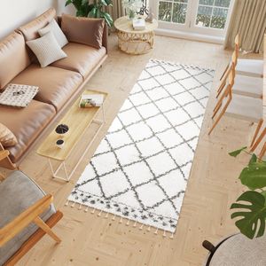 Tapiso Boho Loper Beige Hoogpolig Grijs Kwastjes Woonkamer Vloerkleed Maat- 100x200