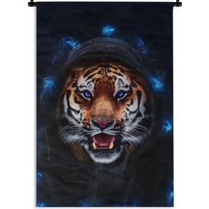 Wandkleed TijgerKerst illustraties - Tijger met een capuchon tussen de blauwe lichten op een zwarte achtergrond Wandkleed katoen 90x135 cm - Wandtapijt met foto