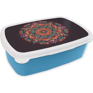 Broodtrommel Blauw - Lunchbox - Brooddoos - Mandala - Bloemen - Hippie - Boho - Oranje - 18x12x6 cm - Kinderen - Jongen