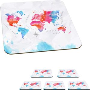 Onderzetters voor glazen - Wereldkaart - Kleuren - Waterverf - 10x10 cm - Glasonderzetters - 6 stuks