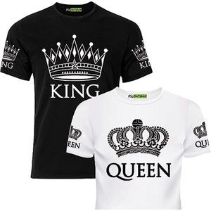 PicOnTshirt - Teetalks Series - T-Shirt Dames - T-Shirt Heren - T-Shirt Met Print - Couple T-Shirt Met King and Queen Print - 2 Pack - Zwart - Heren S/Dames M
