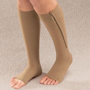 New Age Devi - 2 PAAR Compressiekousen met RITS - Steunkousen - Vliegtuigsokken - Reiskousen - Compressie sokken met ritssluiting - Beige - S/M - 2 Paar - Voor op reis, vakantie en bij etalagebenen - Verbeterde bloedcirculatie en vochtafdrijving