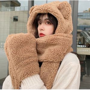 Schattige Beer Oor Hoed Sjaal Handschoenen Set voor Meisjes – Winter Accessoires voor Vrouwen – Pluche Hoed met Beer Oortjes, Fleece Sjaal en Handschoenen voor Extra Warmte en Stijl