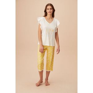 Suwen- Dames Capri Pyjama Set Geel/Wit Maat XXL