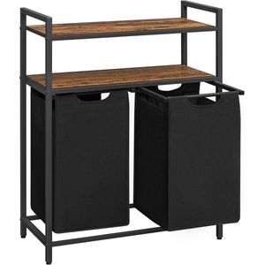 Wasmand - Wasmand - Wasmand 2 vakken - Dubbele wasmand - Wasmand zwart - Wasmand op poten - 9.3 kg - MDF - Staal - Oxford-Stof - Zwart - Bruin - 73 x 33 x 91 cm