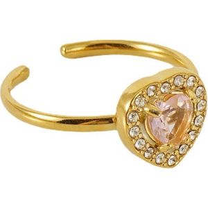 Ring - Hart met Zirkonia - RVS - One Size - Goudkleurig en Roze